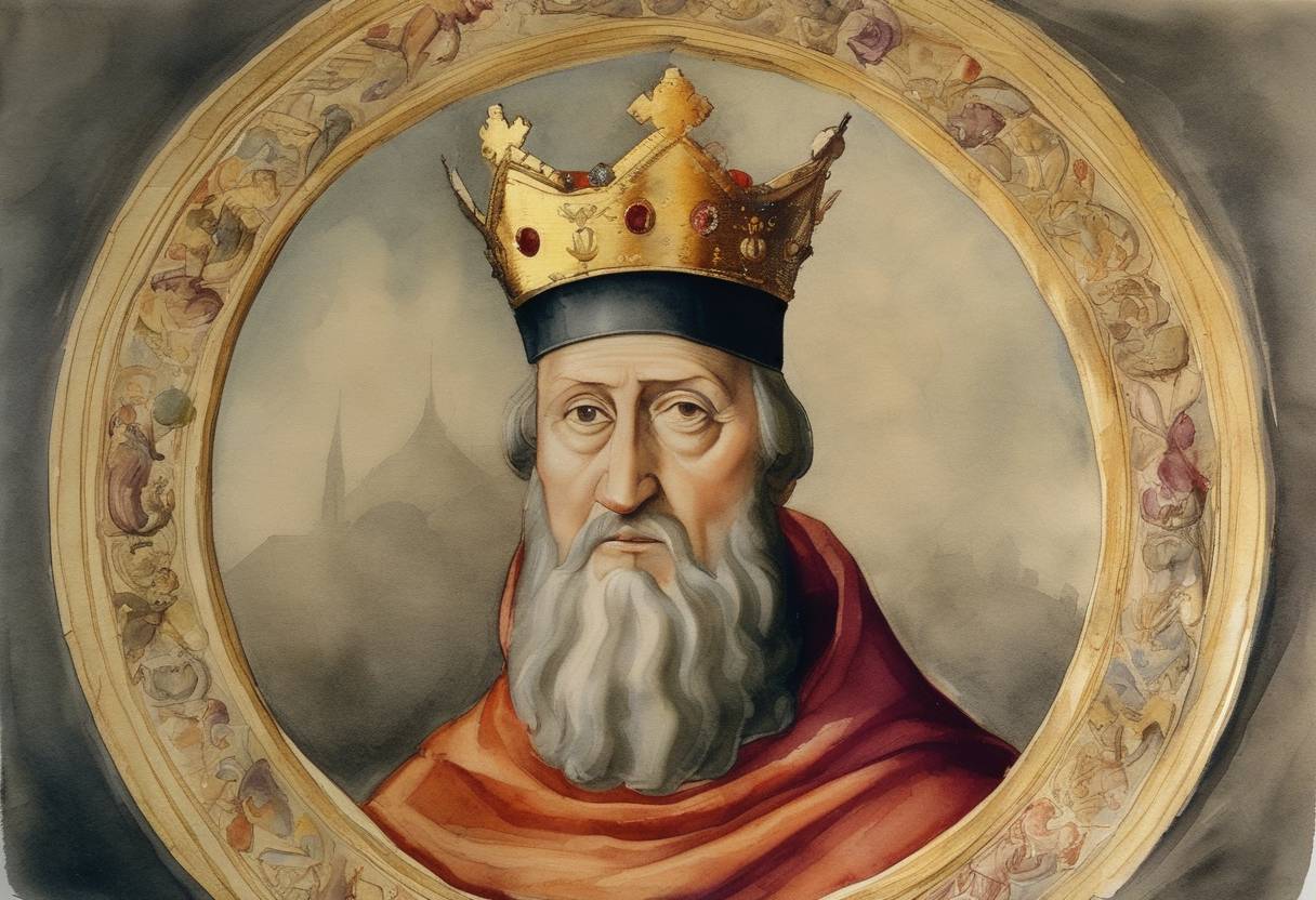 Watercolor painting based depiction of Pope Adrian IV, the only English pope, crowns Frederick Barbarossa as Holy Roman Emperor. (1154)