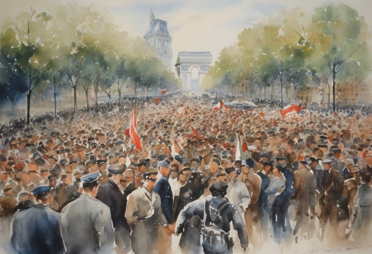 Watercolor painting based depiction of In Paris, a peaceful demonstration by Algerians requesting independence from France ended in tragedy as police responded with violence. The police crackdown resulted in the deaths of dozens of protestors, though the exact number remains disputed, with some estimates suggesting up to 200 deaths. (1961)