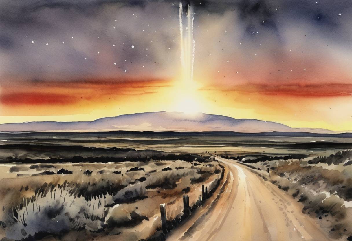 Watercolor painting based depiction of The 'Oh-My-God particle', an ultra-high-energy cosmic ray, is observed over Dugway Proving Ground, Utah. (1991)