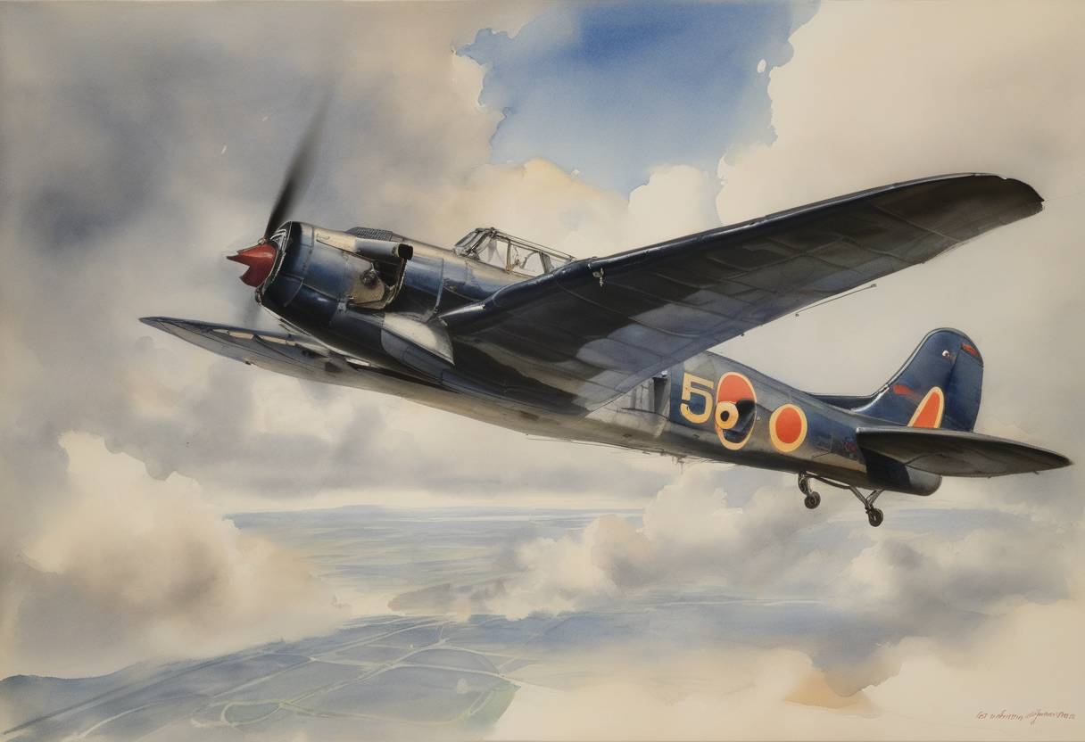 Watercolor painting based depiction of Brussels Airlines Flight 5390 suffered depressurization at an altitude of 5,300 feet over Belgium, forcing pilot Dennis Fitch to take emergency action and land safely. (1939)