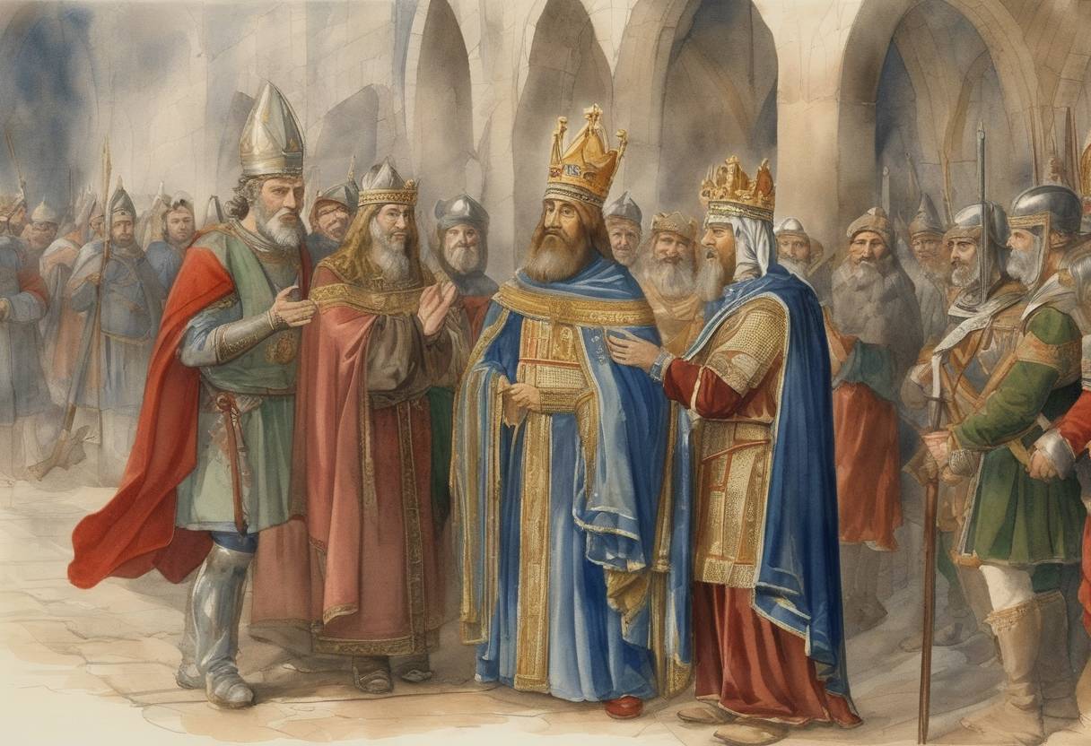 Watercolor painting based depiction of Emperor Charlemagne receives the Saxon leader Widukind at Paderborn, marking the final subjugation of the Saxons by the Carolingian Empire. Widukind's submission and subsequent baptism, likely orchestrated by Charlemagne, symbolized the conversion of the Saxons to Christianity and the consolidation of Charlemagne's rule. (800)