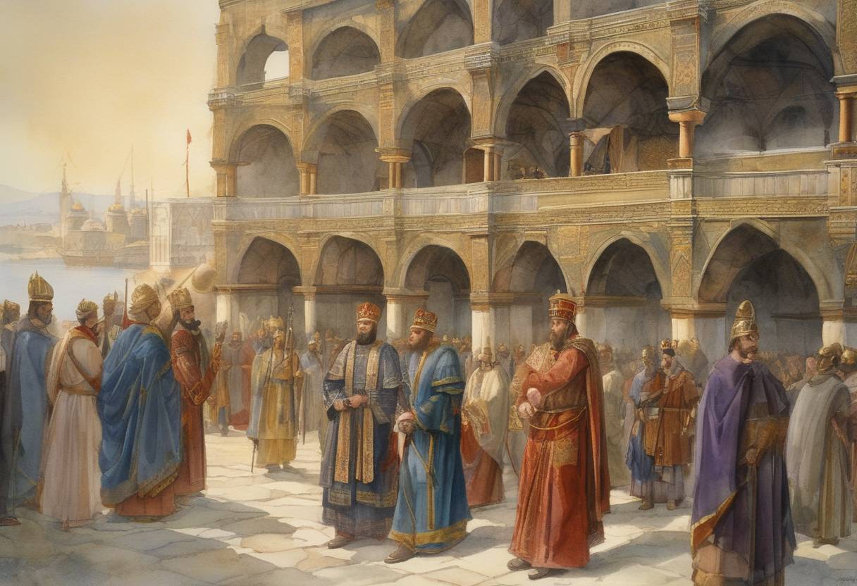 Watercolor painting based depiction of Michael V was proclaimed Byzantine Emperor after a palace coup led to the dethronement and blinding of his predecessor, Michael IV's intended successor, Michael IV's nephew, Michael V Kalaphates assumed the throne, marking a period of political unrest in the Byzantine Empire. (1041)