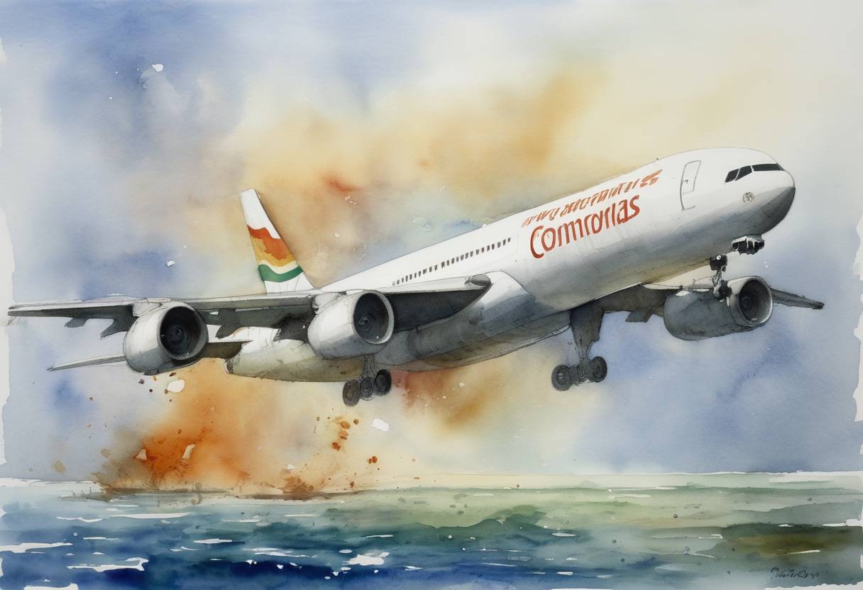 Watercolor painting based depiction of A Comorian Airbus A310-300 crashed into the sea off the coast of Comoros due to unknown causes. The incident marked another tragedy in a history of aviation accidents in the area. (2009)