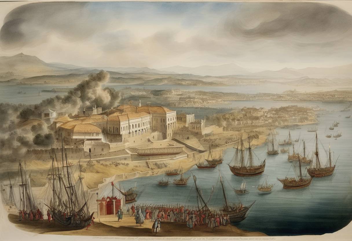Watercolor painting based depiction of The Siege of Corfu, in which the Ottoman Empire attempted to capture the island of Corfu from the Republic of Venice, ends with a successful Venetian defense. (1716)