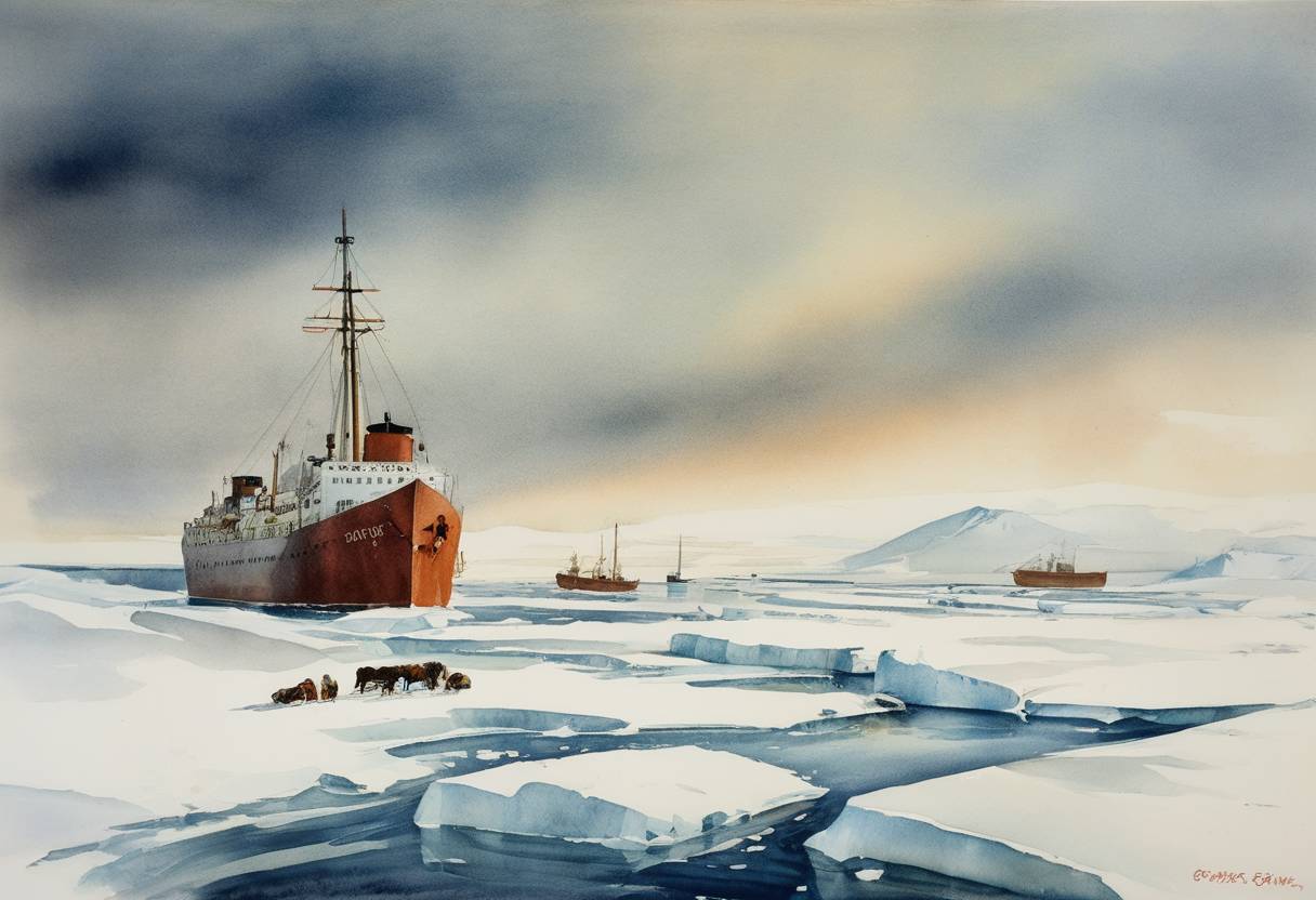 Watercolor painting based depiction of The first Soviet Arctic drift ice station starts operation. It plays a significant role in establishing permanent research bases in the Arctic region. (1934)