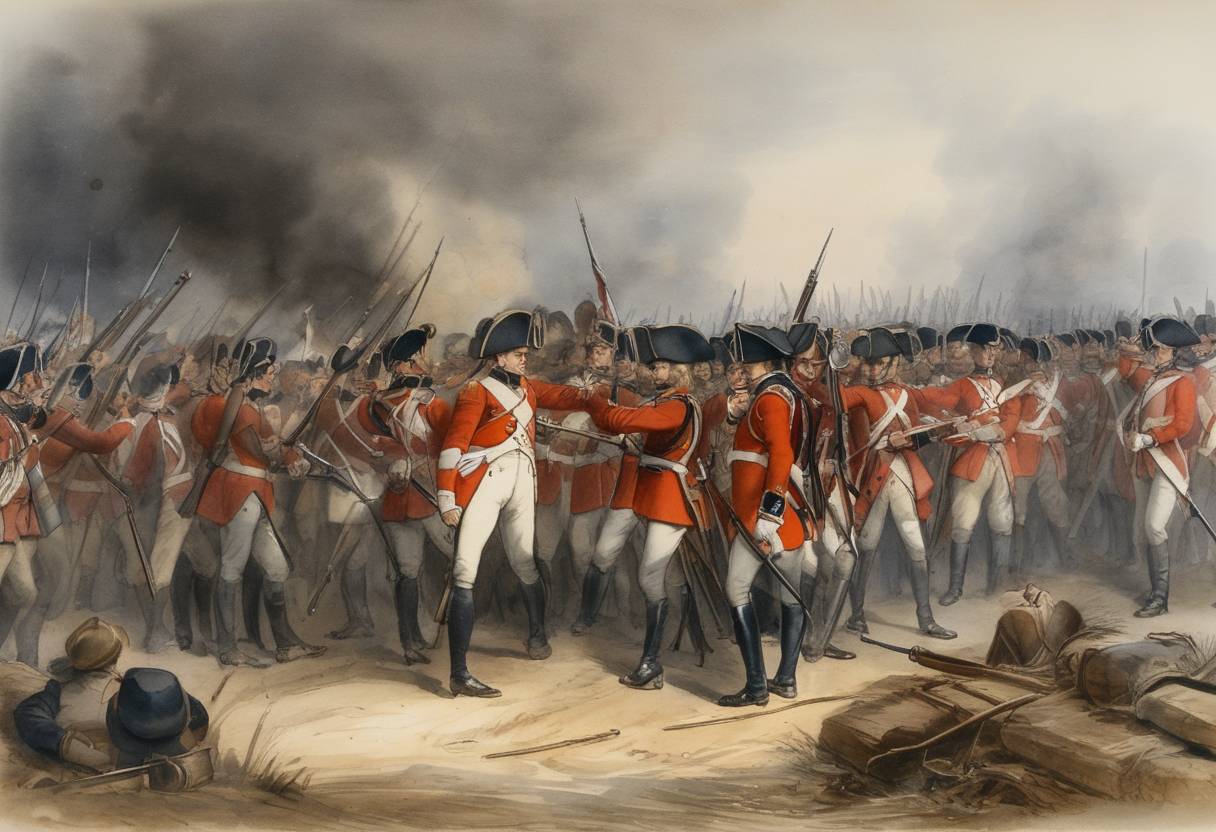 Watercolor painting based depiction of The Dutch surrender to British forces in the Second Battle of Alkmaar during the War of the Second Coalition. (1799)