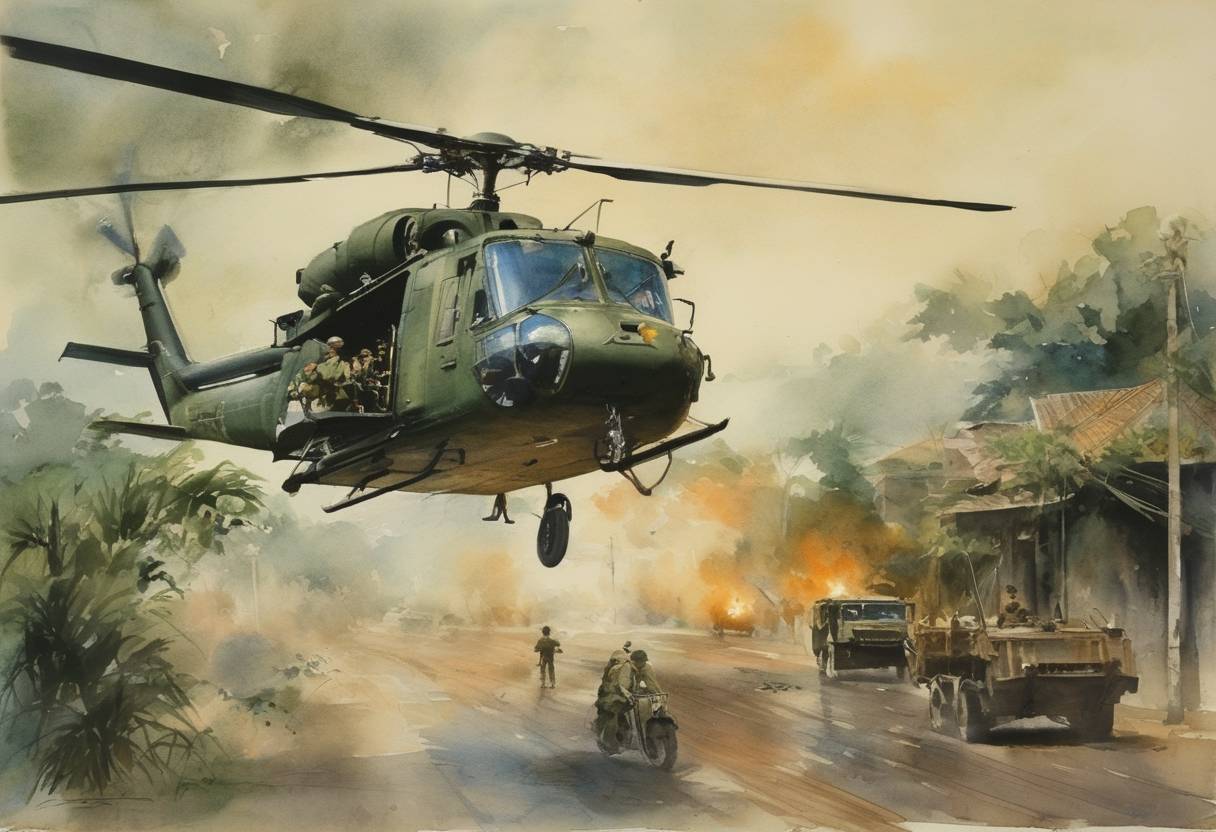 Watercolor painting based depiction of U.S. involvement in the Vietnam War officially begins as American helicopters arrive in Saigon. (1961)
