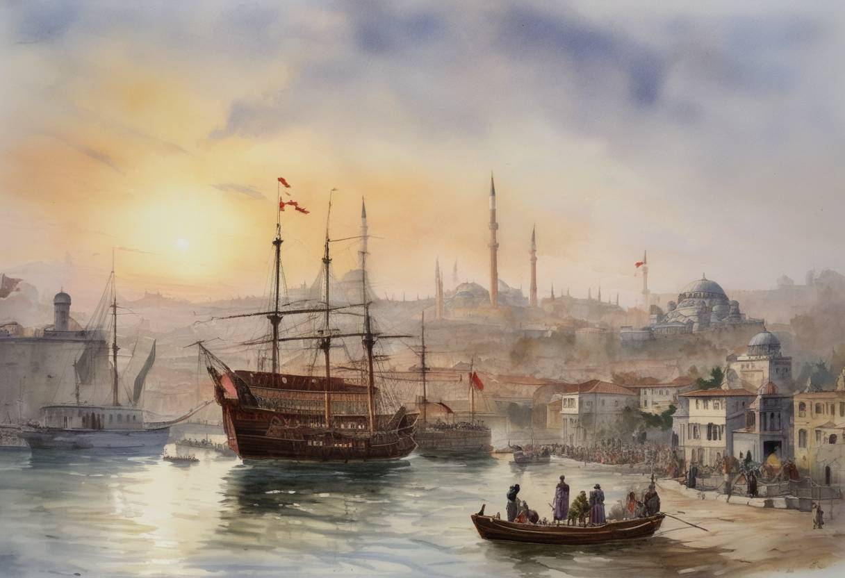 Watercolor painting based depiction of Michael V Kalaphates was overthrown as Byzantine Emperor following a popular uprising in Constantinople. (1041)