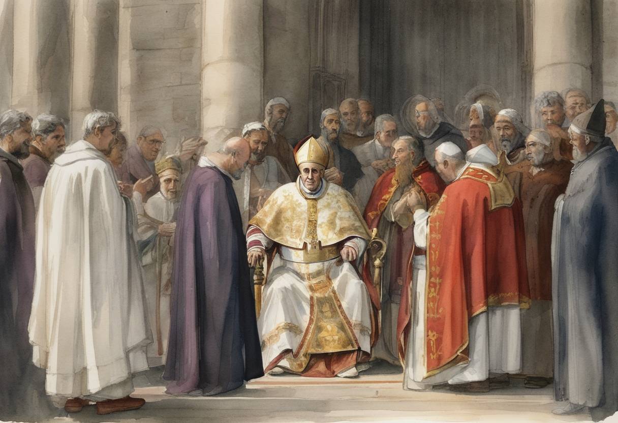 Watercolor painting based depiction of Pope John XXI was elected as the head of the Catholic Church, succeeding Adrian V. His brief papacy would later end with a tragic accident. (1276)