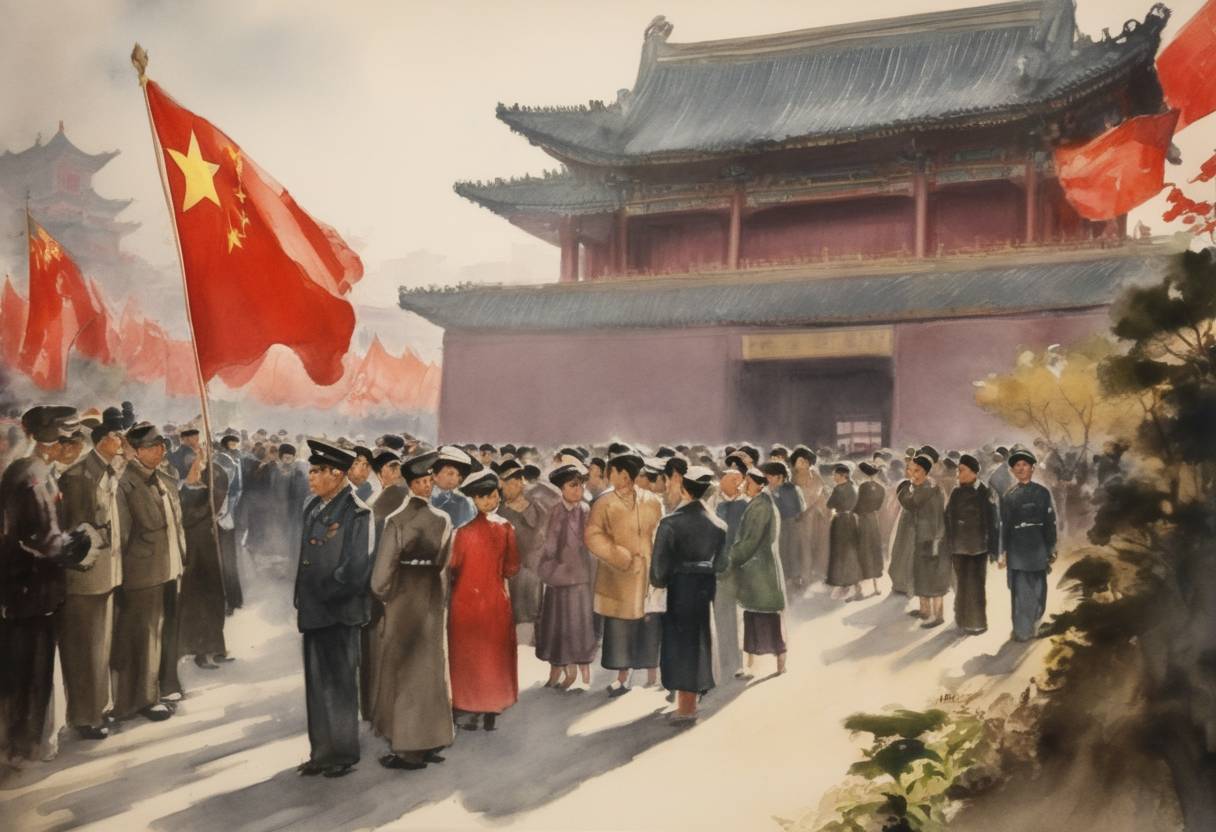 Watercolor painting based depiction of The People's Republic of China announces its first Provincial Governor appointment, marking the establishment of new order under Communist rule. (1949)