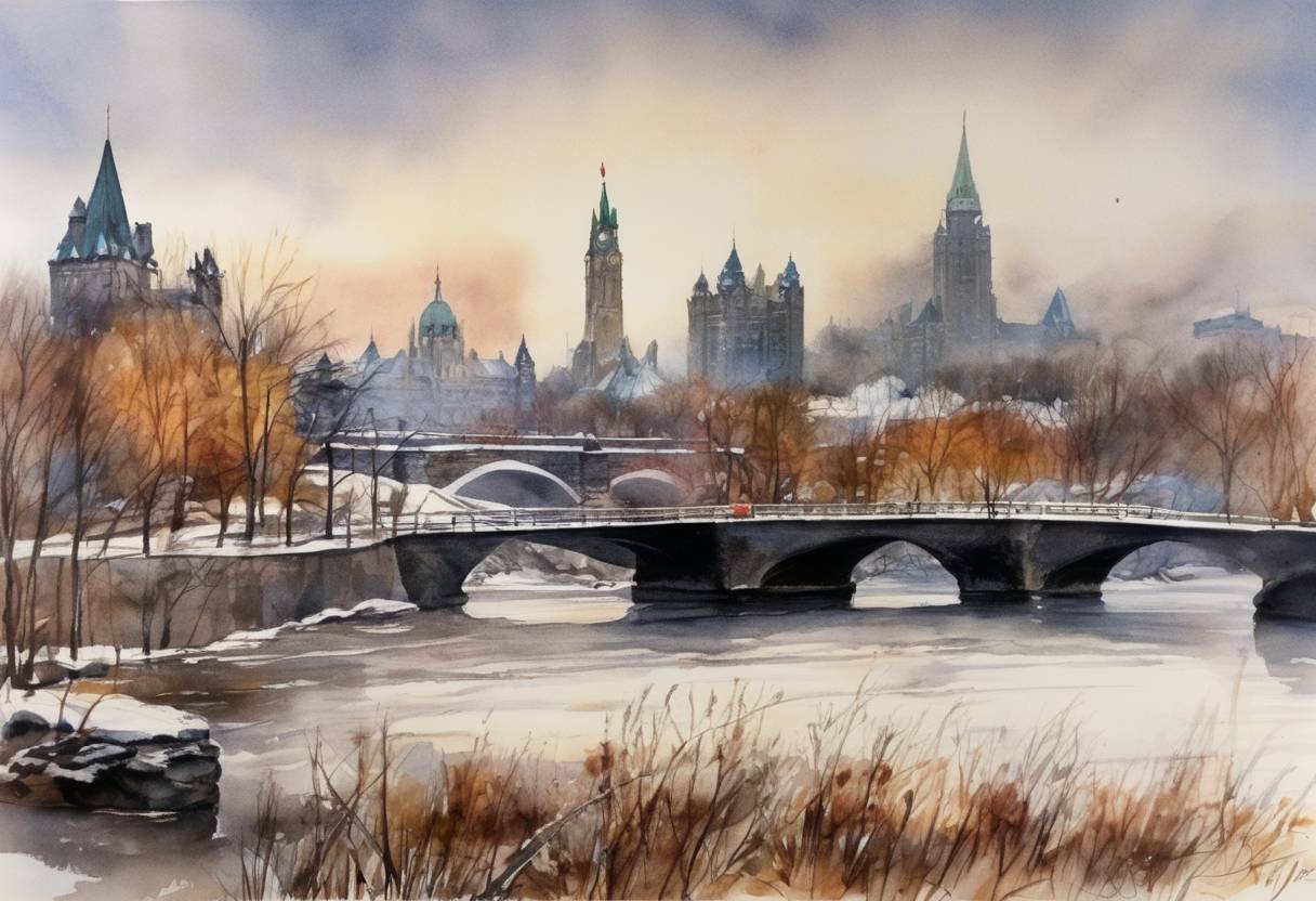 Watercolor painting based depiction of In Ottawa, Canada, 122 countries sign the Ottawa Treaty (also known as the Mine Ban Treaty), formally referred to as the Convention on the Prohibition of the Use, Stockpiling, Production and Transfer of Anti-Personnel Mines and on their Destruction. (1997)
