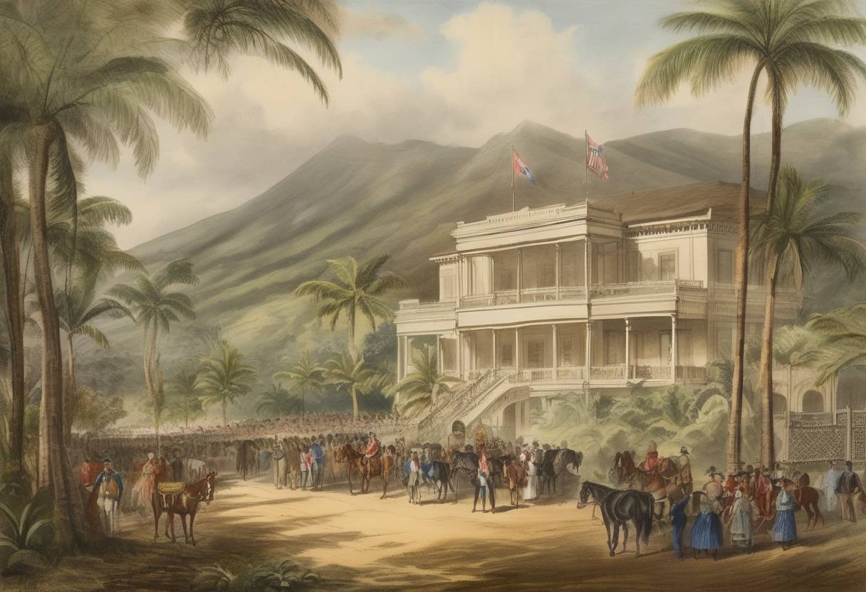Watercolor painting based depiction of Political parties in the Kingdom of Hawaii signed the 1864 Constitution, marking an important moment in the island nation's legal development. (1874)