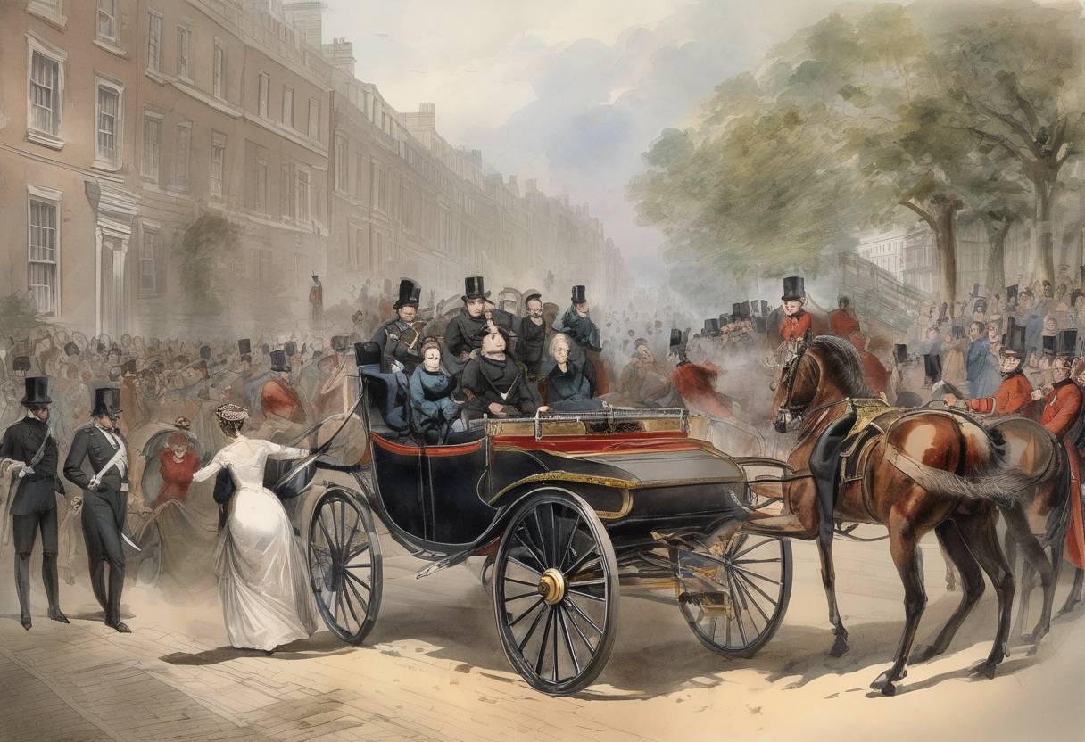 Watercolor painting based depiction of John Francis attempted to assassinate Queen Victoria as she drove down Constitution Hill in London. This was the second attempt on her life within two days, but she was unharmed. (1842)