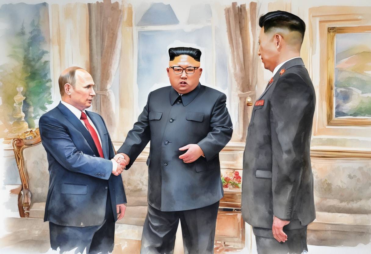 Watercolor painting based depiction of North Korean leader Kim Jong-un met with Russian President Vladimir Putin for the first time in Vladivostok, Russia, to discuss bilateral relations and the situation on the Korean Peninsula. (2019)
