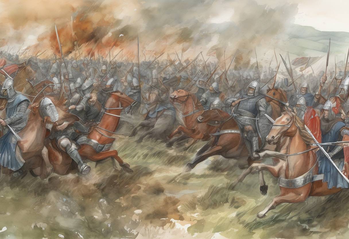 Watercolor painting based depiction of The Battle of Maserfield took place, where King Oswald of Northumbria was defeated and killed by the forces of Penda of Mercia. (642)