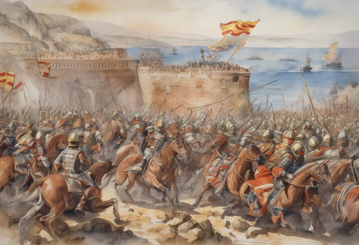 Watercolor painting based depiction of The Battle of Capo Colonna occurs, where the forces of the Holy Roman Empire under Otto II are defeated by the Muslim forces of the Emirate of Sicily. (982)
