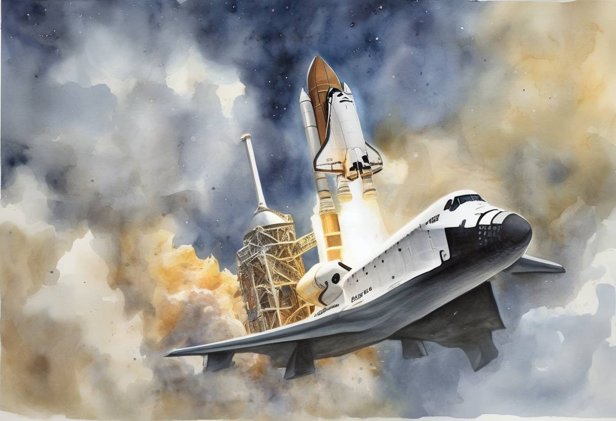 Watercolor painting based depiction of The Space Shuttle Columbia disaster investigation begins after the shuttle disintegrated upon re-entry on February 1, 2003, killing all seven astronauts on board. (2003)