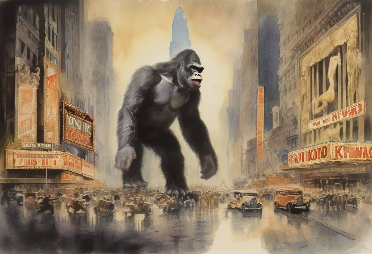 Watercolor painting based depiction of The film 'King Kong' premiered at Radio City Music Hall in New York City, becoming a significant cultural and cinematic event. (1933)