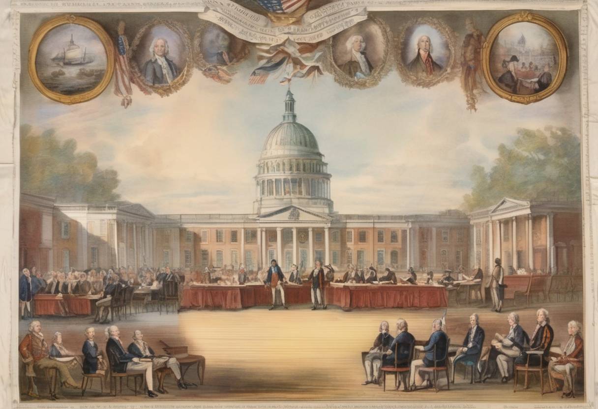 Watercolor painting based depiction of The Articles of Confederation were ratified after Maryland became the last state to sign them, establishing the United States' first constitution. (1781)