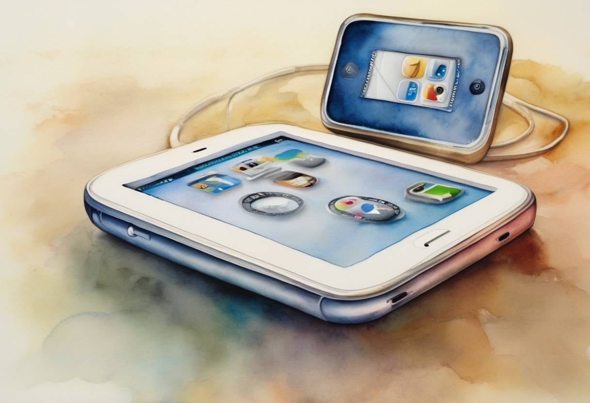 Watercolor painting based depiction of Apple Inc. CEO Steve Jobs unveiled the first iPhone at the Macworld convention, marking a significant milestone in mobile technology. (2007)