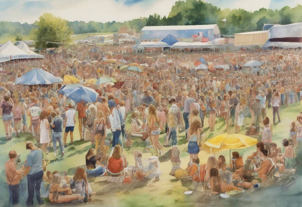 Watercolor painting based depiction of The Woodstock Music & Art Fair concluded after four days of music and peace in Bethel, New York. (1969)