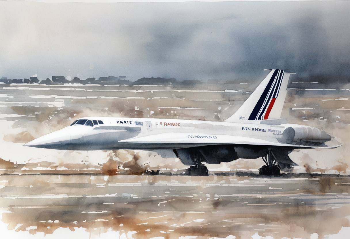 Watercolor painting based depiction of Air France Flight 4590, a Concorde supersonic passenger jet, crashes shortly after takeoff from Charles de Gaulle Airport in Paris, killing all 109 people on board and four people on the ground. (2000)