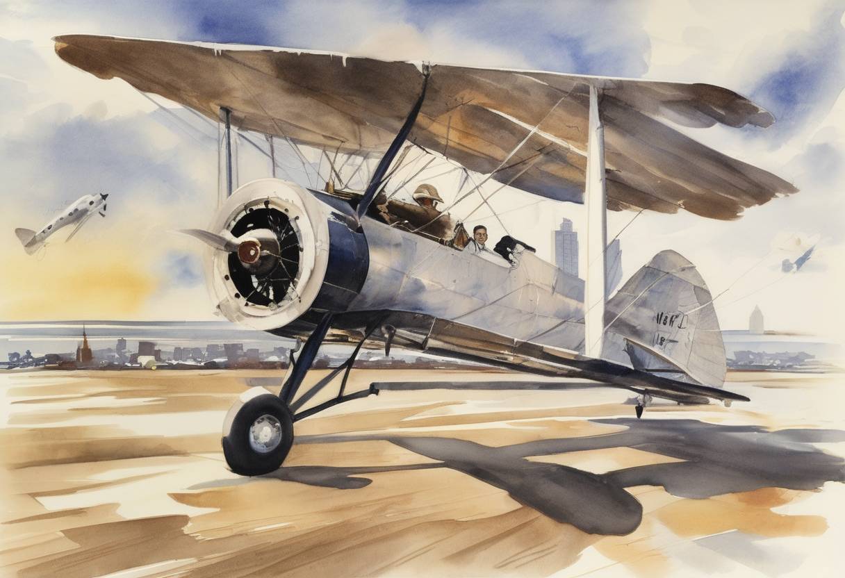 Watercolor painting based depiction of Wiley Post became the first person to fly solo around the world, completing the journey in 7 days, 18 hours, and 49 minutes. (1933)