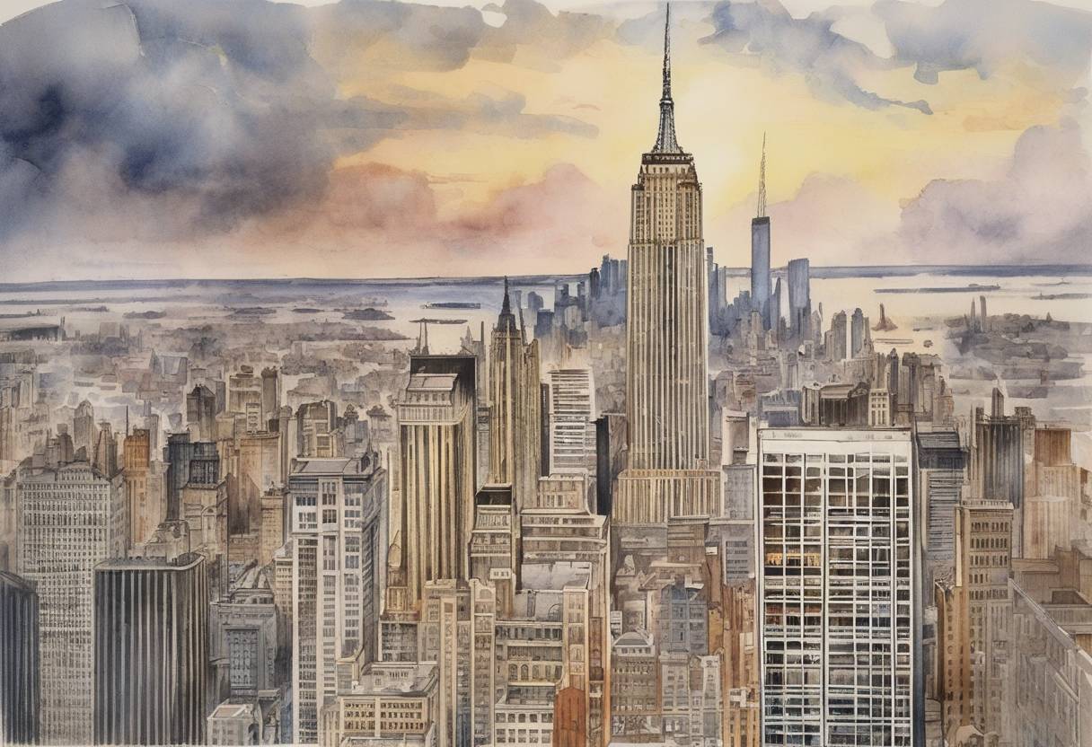 Watercolor painting based depiction of The Empire State Building was officially opened in New York City, becoming the tallest building in the world at the time. (1931)