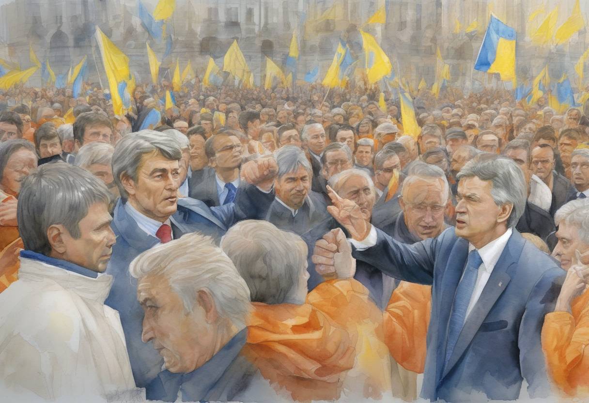 Watercolor painting based depiction of Viktor Yushchenko was inaugurated as the President of Ukraine after a re-run of the presidential election, following the Orange Revolution which protested against electoral fraud. (2005)