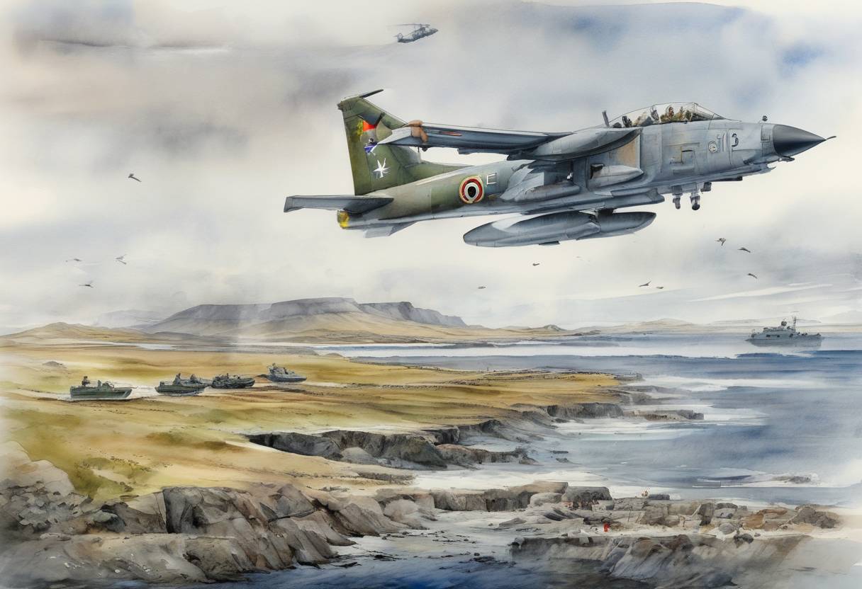 Watercolor painting based depiction of The Falklands War ends as British forces retake the islands from Argentina. (1982)