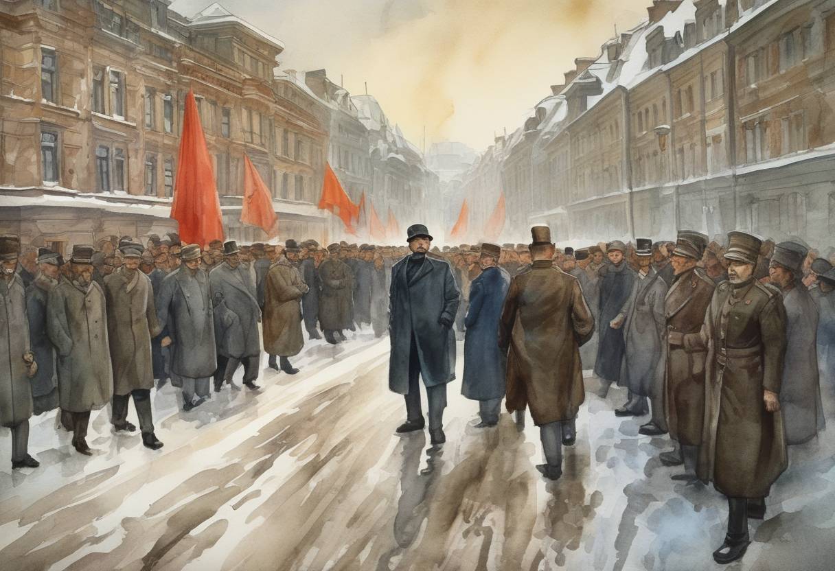 Watercolor painting based depiction of Vladimir Lenin returned to Petrograd from exile in Switzerland, a pivotal moment in the Russian Revolution. His return was facilitated by the Germans, who hoped he would create further instability in Russia. (1917)