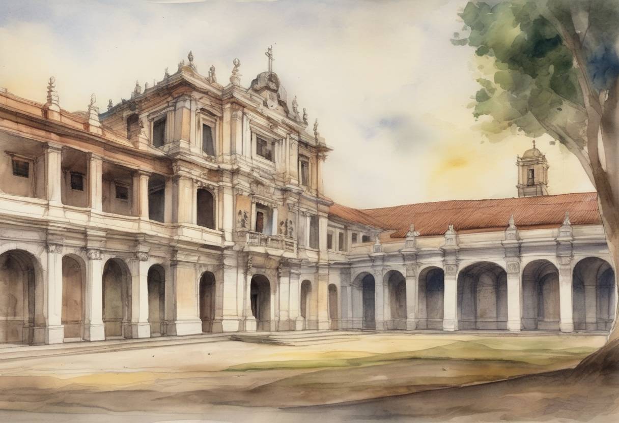 Watercolor painting based depiction of The National University of San Marcos, the oldest university in the Americas, was founded in Lima, Peru. It played a crucial role in the intellectual and cultural development of Latin America. (1551)