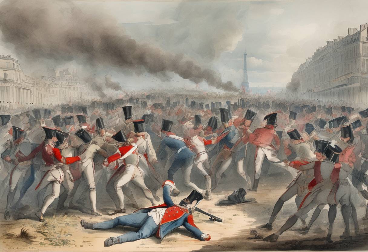 Watercolor painting based depiction of The Champ de Mars massacre occurred in Paris when the National Guard fired on a crowd of republican protesters, killing dozens. (1791)