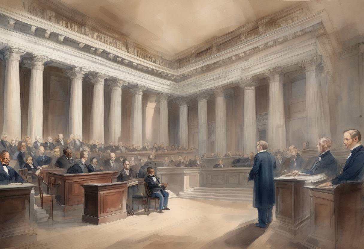 Watercolor painting based depiction of The U.S. Supreme Court delivers its decision in the Dred Scott v. Sandford case, ruling that African Americans cannot be American citizens and that Congress cannot prohibit slavery in the territories. (1857)