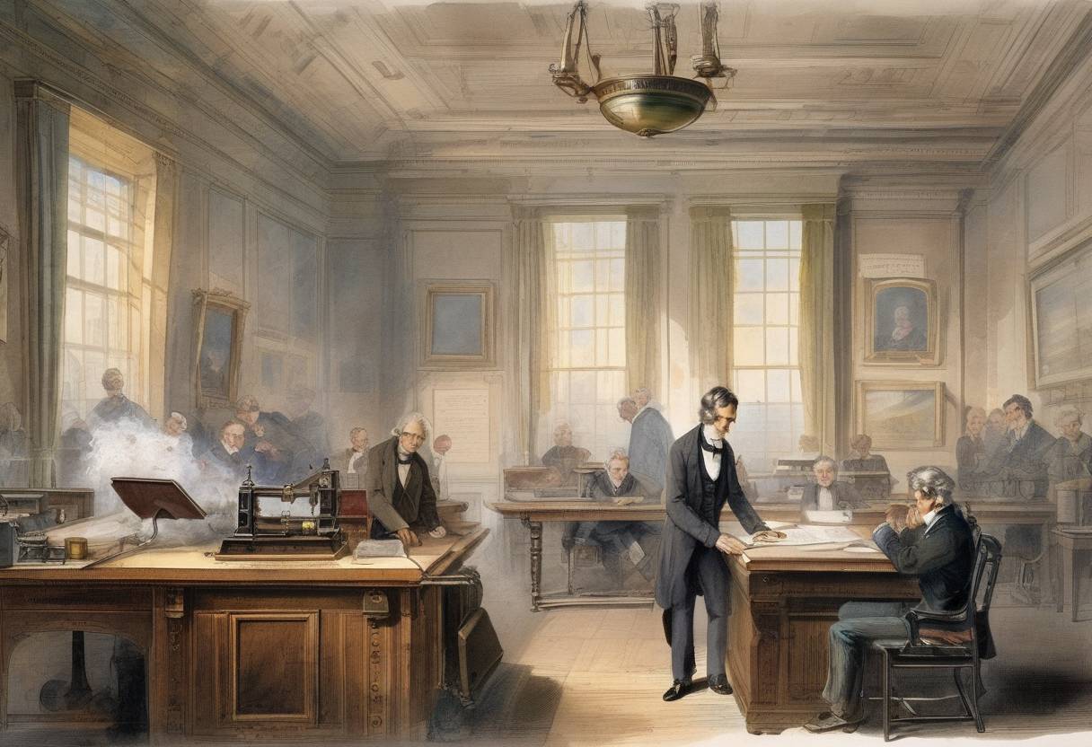 Watercolor painting based depiction of Samuel Morse patents his telegraph system, a pivotal moment in the history of communication technology. (1840)