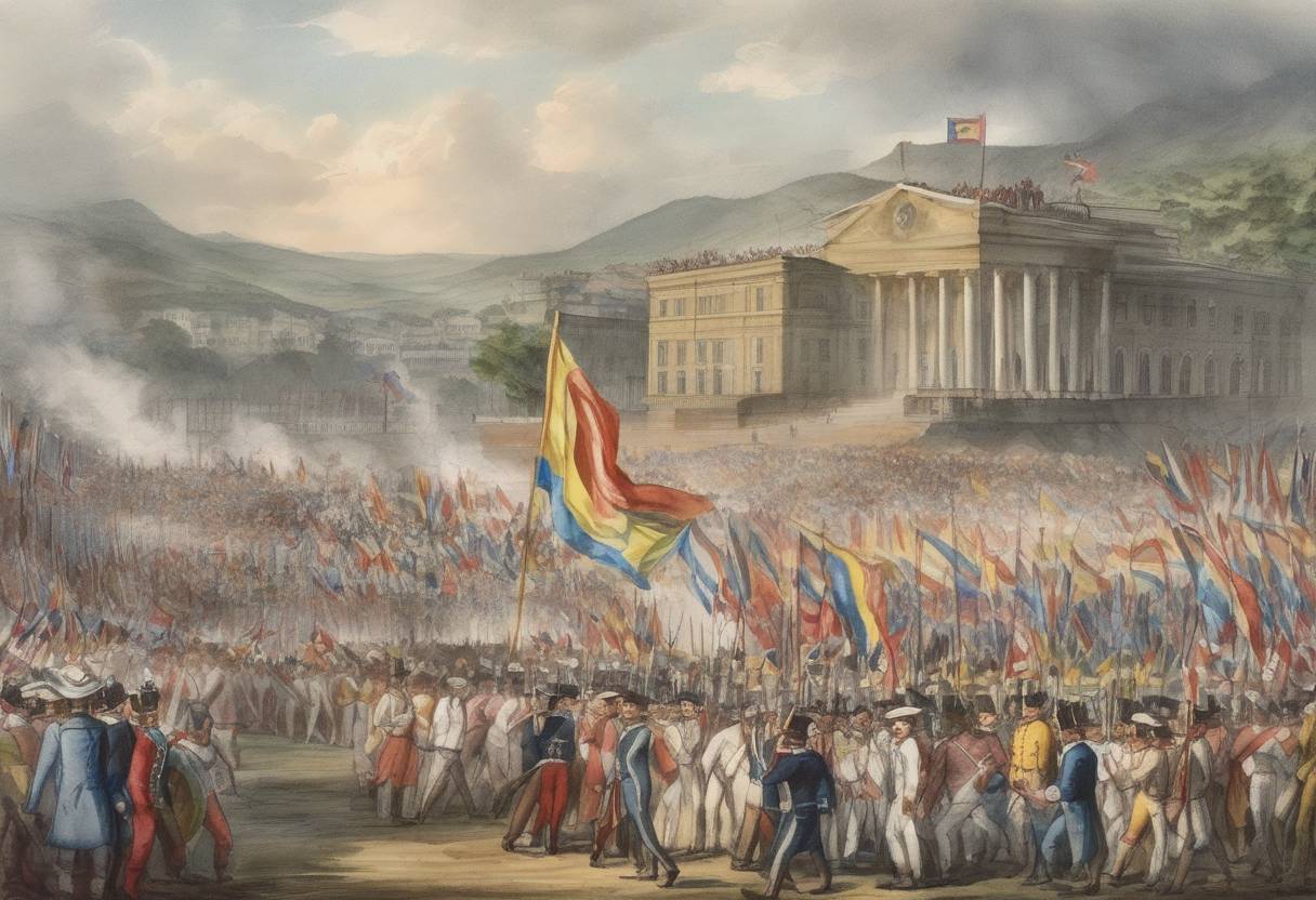 Watercolor painting based depiction of Venezuela declared independence from Spain, marking the beginning of the Venezuelan War of Independence. (1811)