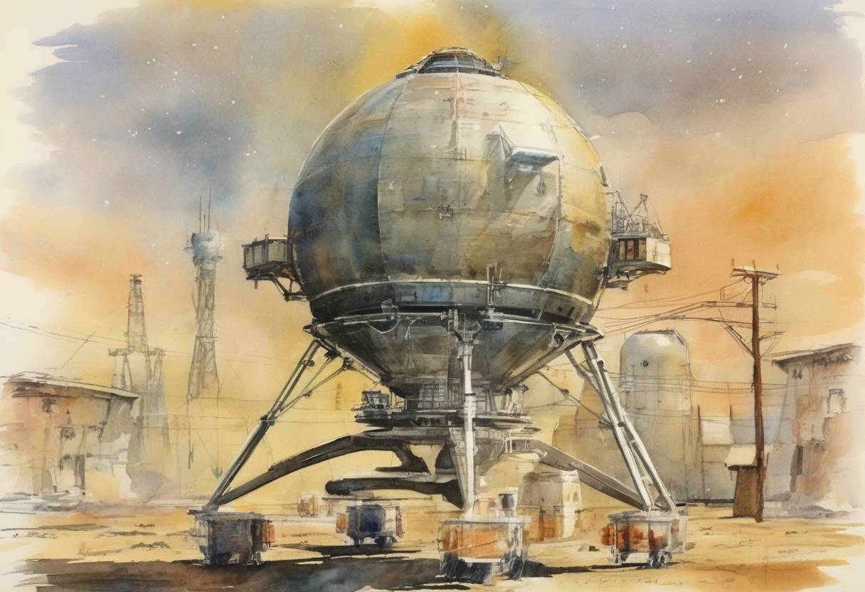 Watercolor painting based depiction of Luna 1, the first spacecraft to reach the vicinity of the Moon and to orbit the Sun, was launched by the Soviet Union. (1959)