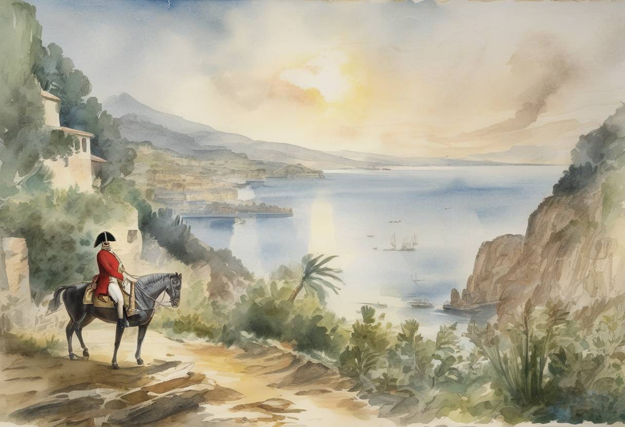Watercolor painting based depiction of Napoleon Bonaparte escaped from exile on the island of Elba, beginning his return to power known as the Hundred Days. (1815)