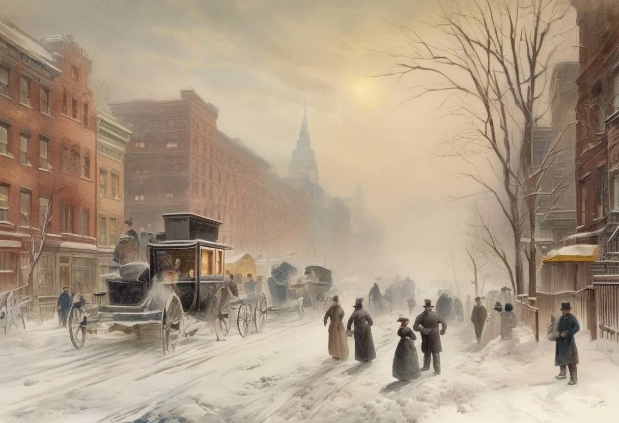 Watercolor painting based depiction of The Great Blizzard of 1888 began along the eastern United States, eventually becoming one of the most severe recorded blizzards in U.S. history. (1888)
