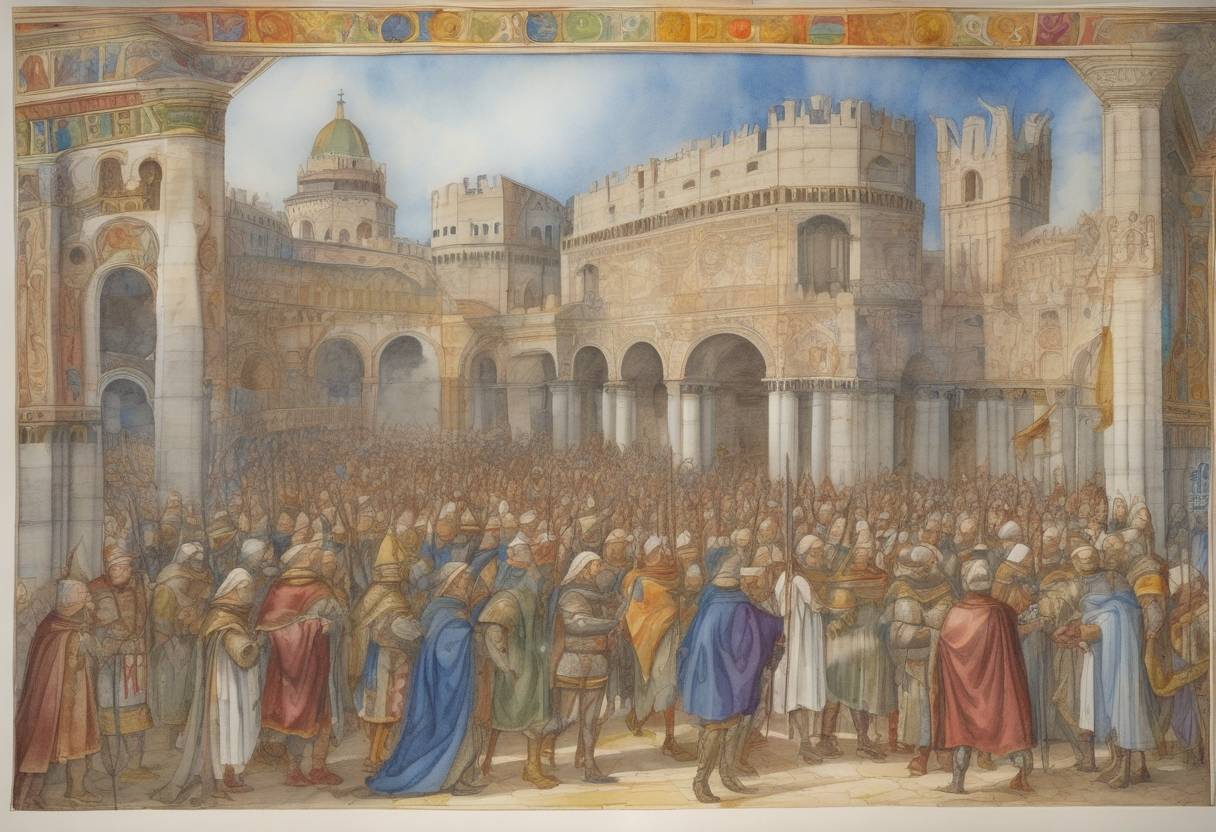 Watercolor painting based depiction of The forces of the Holy League, led by Pope Julius II, captured the city of Ravenna during the War of the League of Cambrai. (1512)