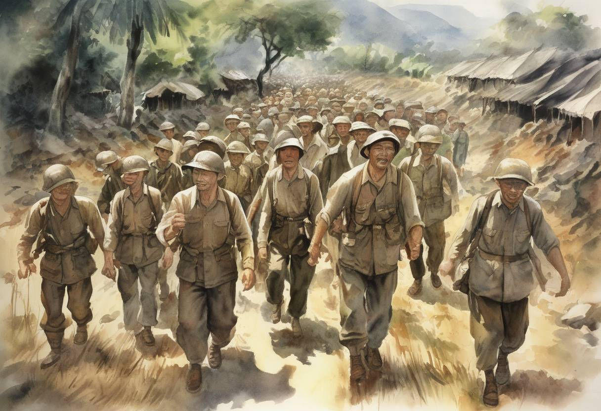 Watercolor painting based depiction of The Bataan Death March began, as Japanese forces forced American and Filipino prisoners of war to march approximately 65 miles under brutal conditions. (1942)