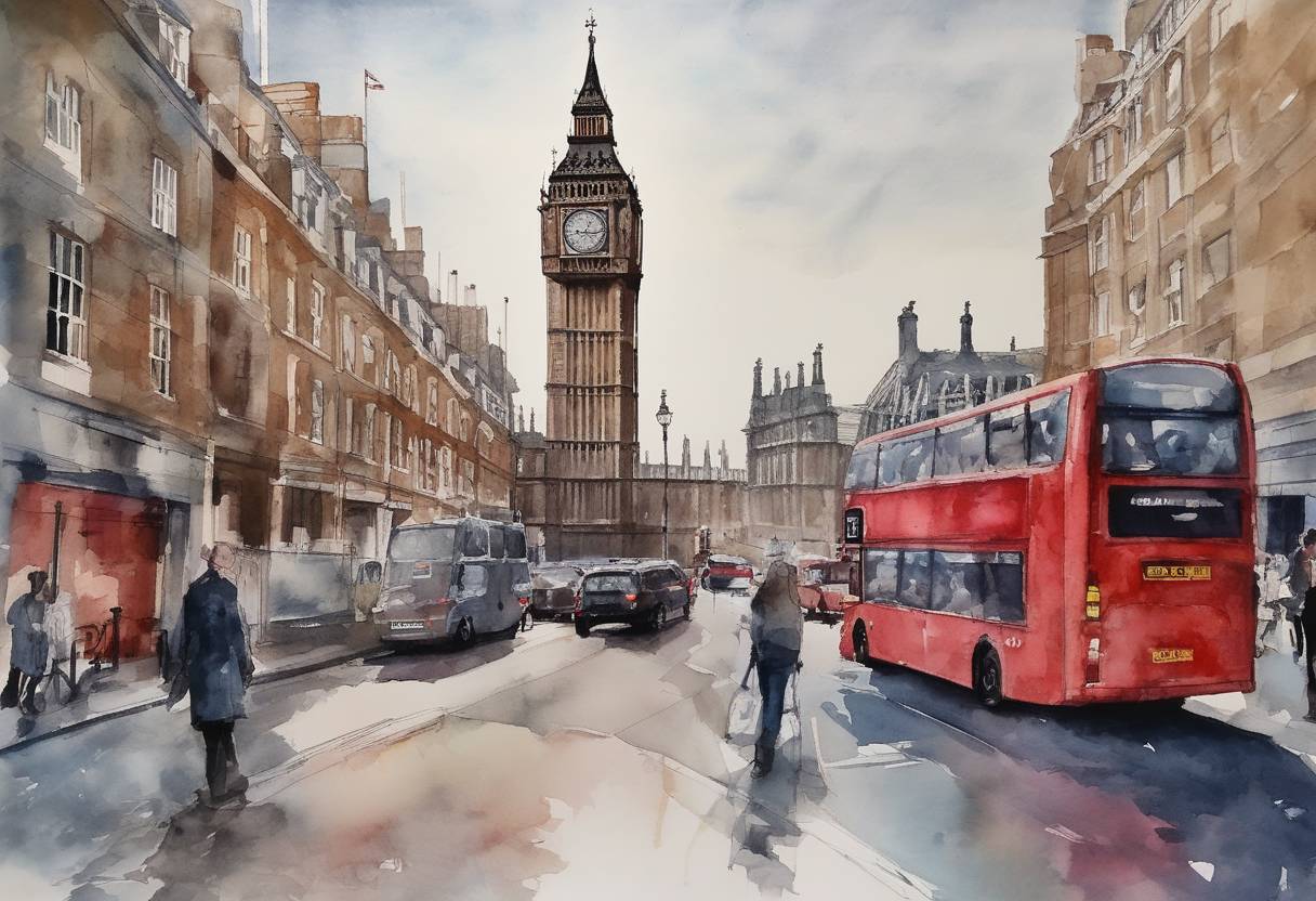 Watercolor painting based depiction of The United Kingdom formally left the European Union, beginning an 11-month transition period and marking the first time a member state has left the EU. (2020)