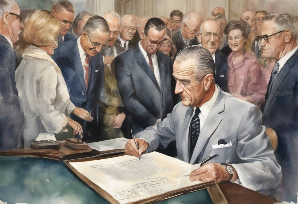 Watercolor painting based depiction of President Lyndon B. Johnson signs the Social Security Act of 1965 into law, establishing Medicare and Medicaid. (1965)