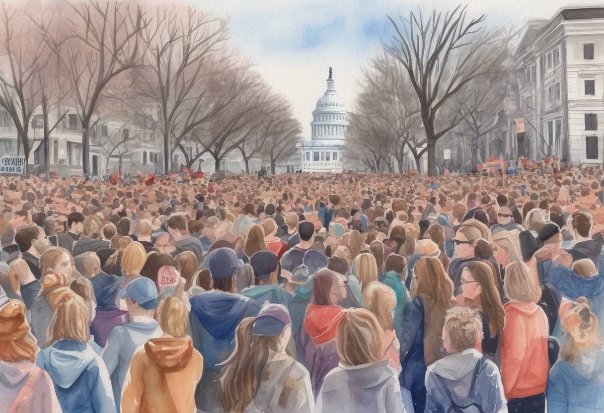 Watercolor painting based depiction of The March for Our Lives, a student-led demonstration in support of tighter gun control, took place in Washington, D.C., and in cities across the United States. (2018)