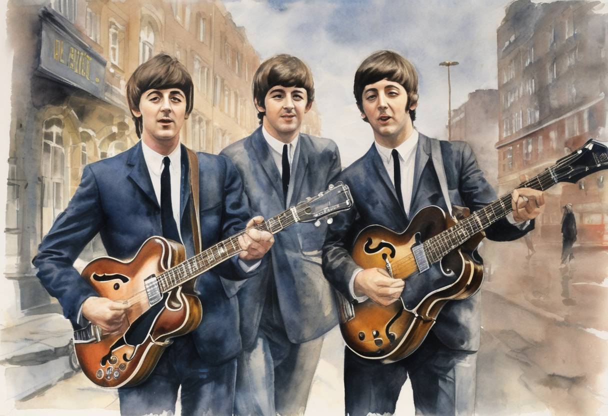 Watercolor painting based depiction of The Beatles released their debut album, 'Please Please Me', in the United Kingdom, marking the beginning of their rise to global fame. (1963)