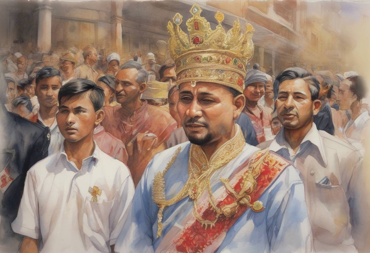Watercolor painting based depiction of Nepalese Crown Prince Dipendra was declared King of Nepal while in a coma after the royal massacre, where he killed several members of the royal family, including his father, King Birendra. (2001)