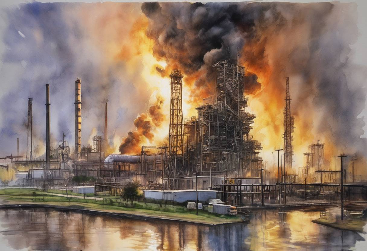 Watercolor painting based depiction of A massive explosion occurred at the BP Texas City Refinery in Texas City, Texas, resulting in the deaths of 15 workers and injuring more than 170 others. This incident was one of the deadliest industrial accidents in the United States and led to significant changes in safety regulations and practices within the oil industry. (2005)