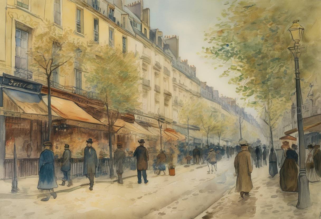 Watercolor painting based depiction of A showing of 71 Vincent van Gogh paintings in Paris, 11 years after his death, created a sensation and established his reputation as a great artist. (1901)