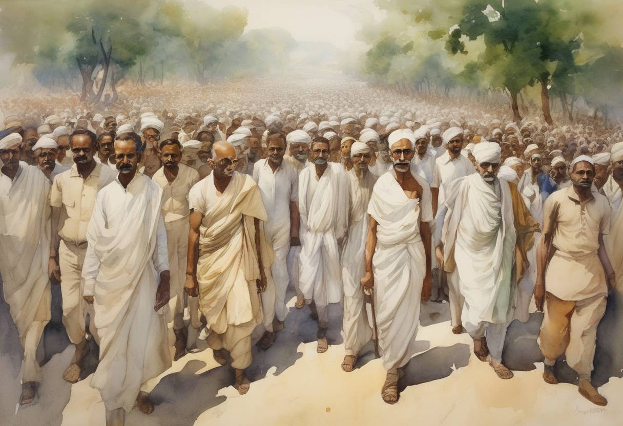 Watercolor painting based depiction of Mahatma Gandhi completed the Salt March, a 240-mile protest against the British salt tax in India, which became a significant event in the Indian independence movement. (1930)