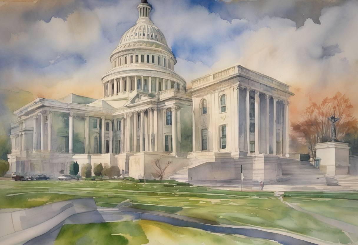 Watercolor painting based depiction of United States v. Microsoft Corp. ruling was issued, finding Microsoft guilty of violating antitrust laws by maintaining a monopoly on PC operating systems. (2000)